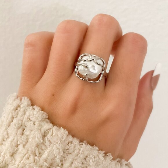 Jewelry - 925 Sterling Silver Chunky Ring Square Boho Silver Statement Ring Unique Ring